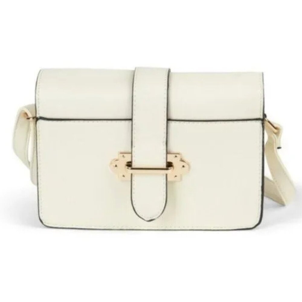 Ivory White Vegan Leather Crossbody Satchel with Clasp - Picture 2 of 4
